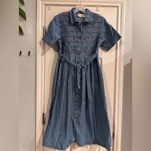 Vintage Denim Midi Maxi Dress Embroidered Floral Cottagecore 1990s Petite Small